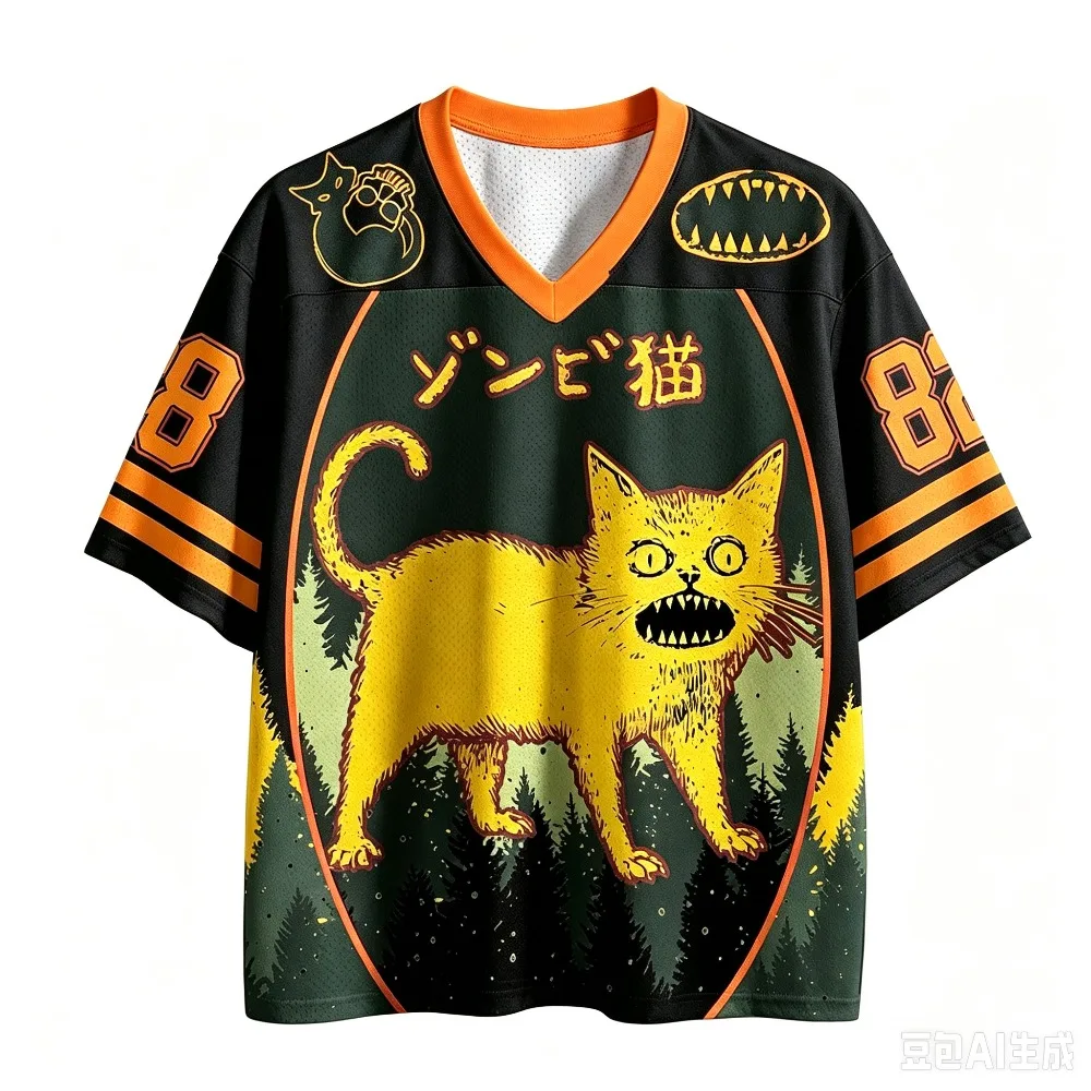 Ueno-Stil Waldkatze 3D-Druck Herren Damen Feuchtigkeitsableitendes Loses V-Ausschnitt T-Shirt Seltsame Illustration Amerikanischer Retro Kurzarm – Detail 6