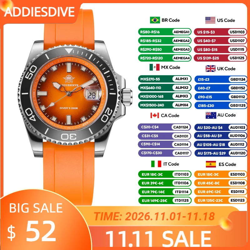ADDIESDIVE Top Brand NEW Diver Watch For Men Waterproof Luminous Quartz Wristwatch Green/Red/Orange Dial Stainless Steel Watches