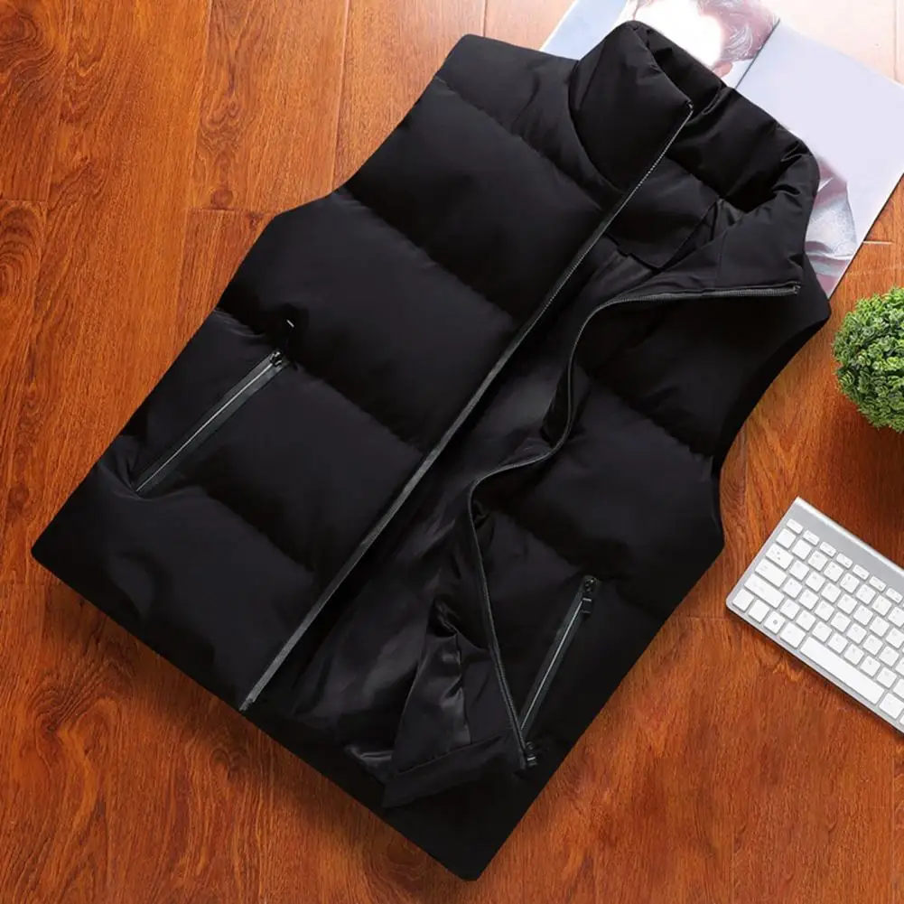 Sleeveless Jackets Men Vest Cotton Padded Thick Solid Color Zipper Jacket Autumn Winter Men Waistcoat Pockets Vest Streetwear