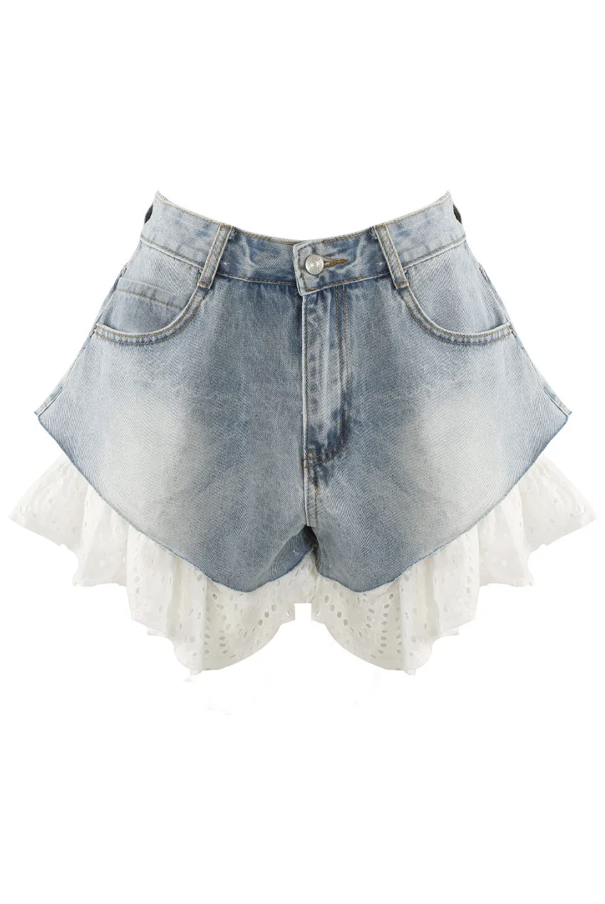 Short Denims femmes jean dentelle couture pantalon court droit taille haute lavé poches en détresse Streetwear été 2025
