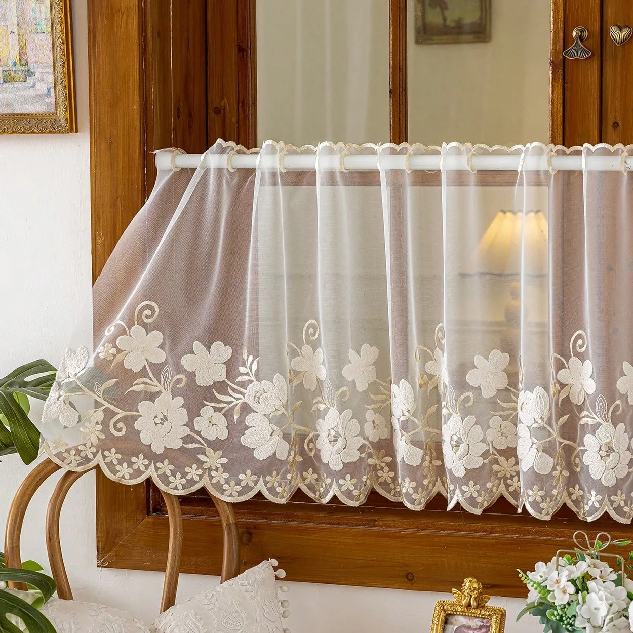 1pc Pastoral Delicate Floral Embroidery Sheer  Window Curtain, Rod Pocket Design,  For Living Room, Bedroom, Balcony, Kitchen