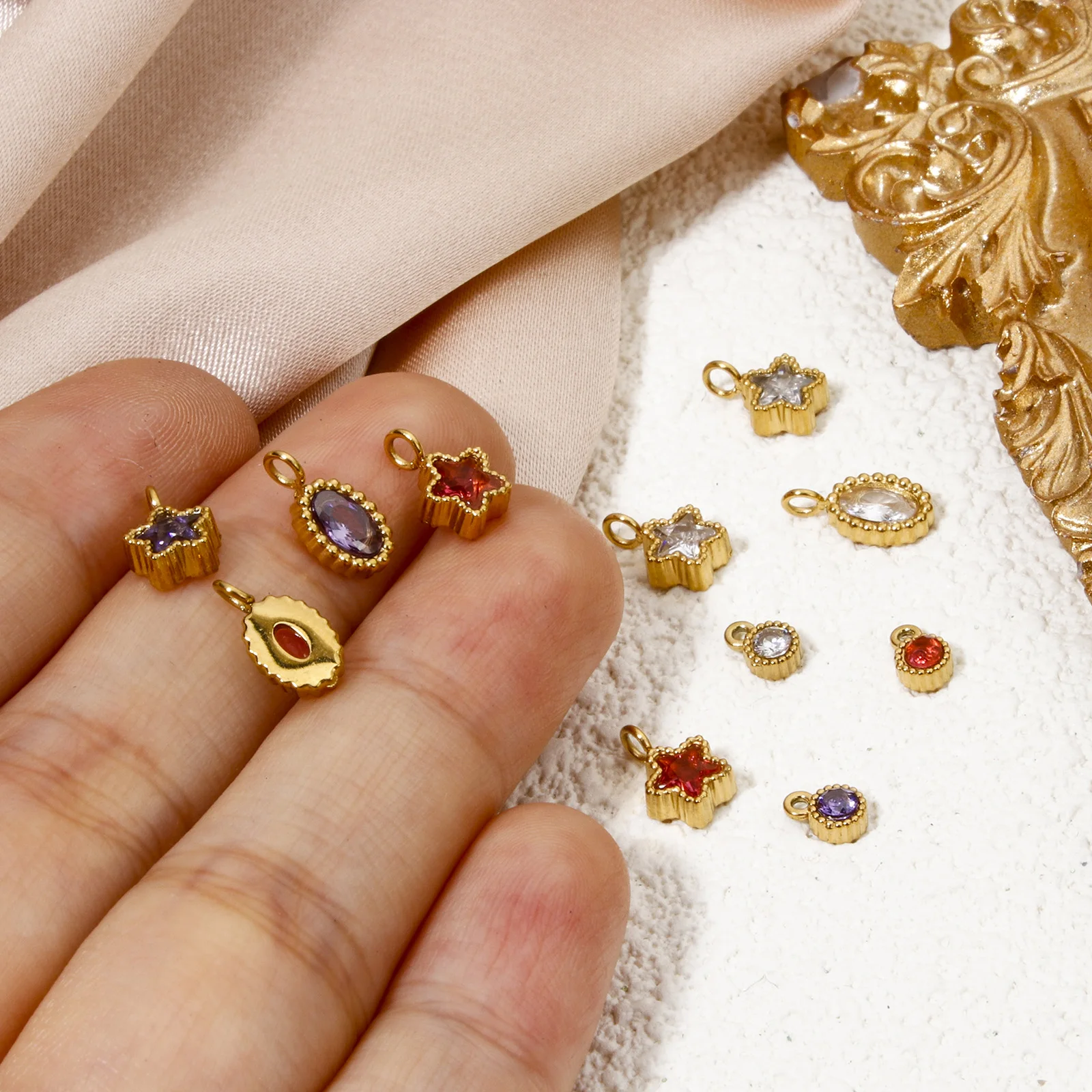 1 Piece 304 Stainless Steel Birthstone Charms Gold Plated Round Multicolor Rhinestone Pendant For DIY Necklace Jewelry Making