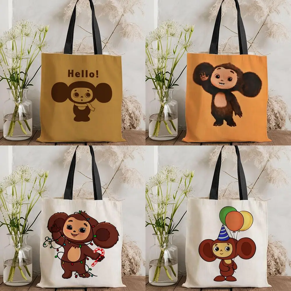 Russia Cheburashka Storage Bags Double-Sided Printed Canvas Tote Bag Eco-Friendly Reusable Large Capacity Handbag