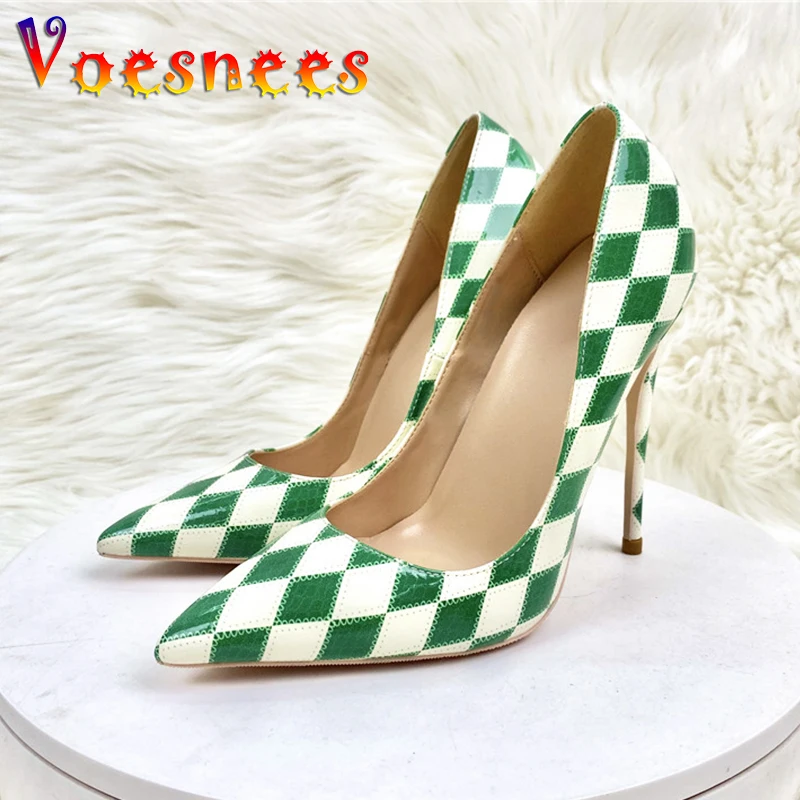 Voesnees Everyday Casual Single Shoes Women\'s Rhombus Pattern Color Matching High Heels Office Fashion Design Girls Pumps 12CM