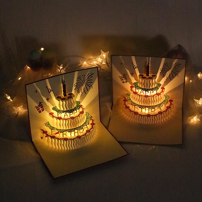 3D Light Music Birthday Card Pop Up Cake Creative Greeting Card Happy Birthday Party Gift For Family Friends