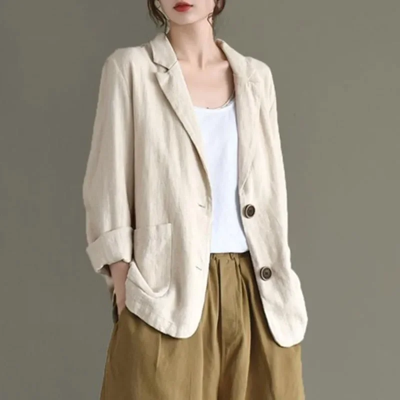 

Women Cotton Linen Casual Blazer Jackets New 2024 Spring Simple Style Vintage Solid Color Loose Female Outerwear Coats