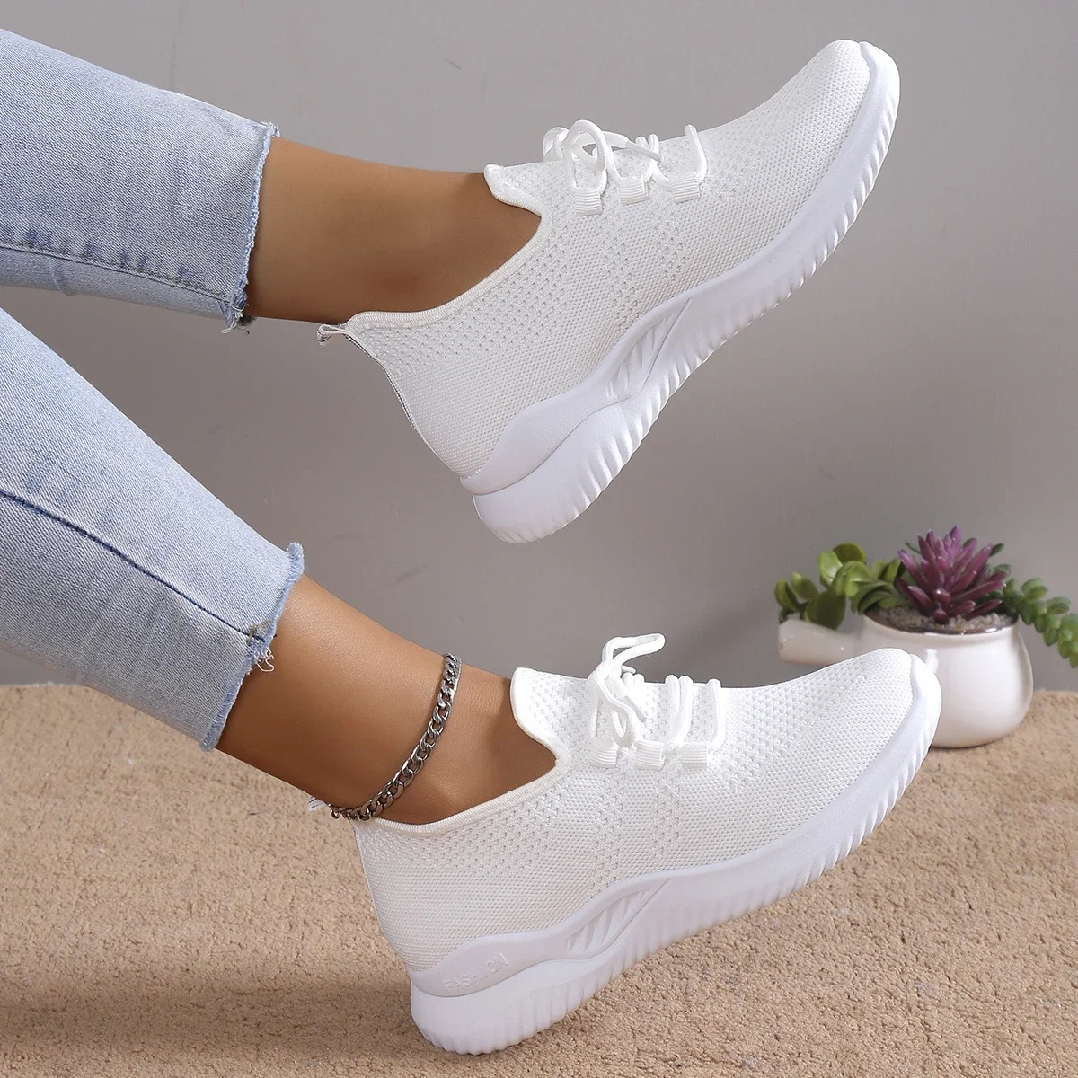 Women Sneakers Fashion Lace Up Mesh Breathable Outdoor Walking Small White Shoes Round Toe Non-slip Thick Sole Tennis Shoe Mujer