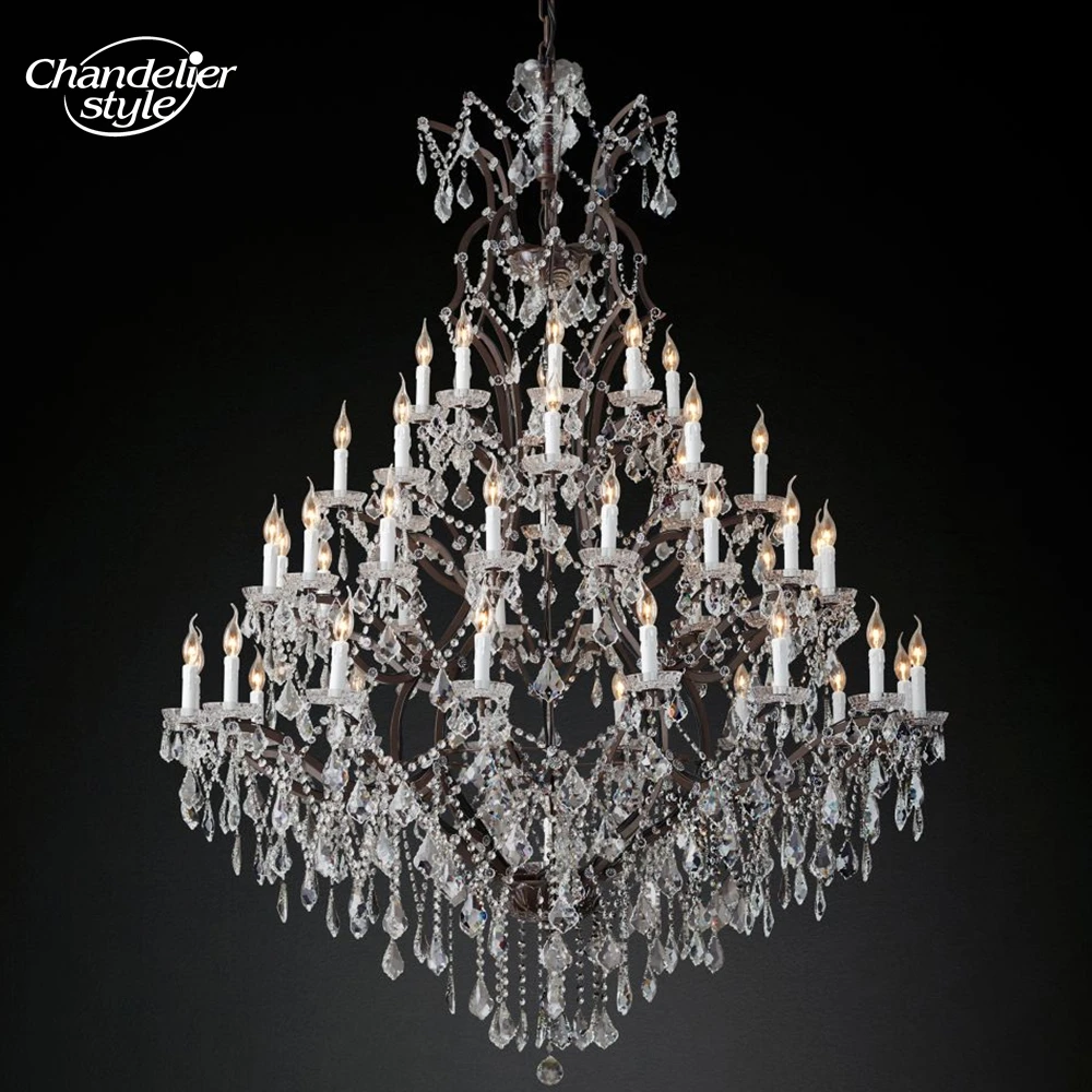 19th C. Rococo Iron & Clear Crystal Round Chandeliers Modern Retro LED Candle Black Rustic Lamps Kitchen Island Bedroom Lights