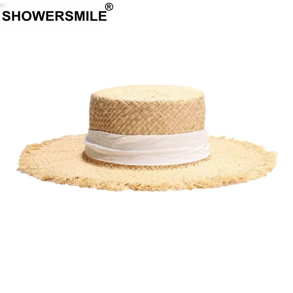 

SHOWERSMILE Women Raffia Straw Sun Hat with White Belt Tie Ladies Summer Boater Casual Lace-Up Female Fashion Design Beach Cap