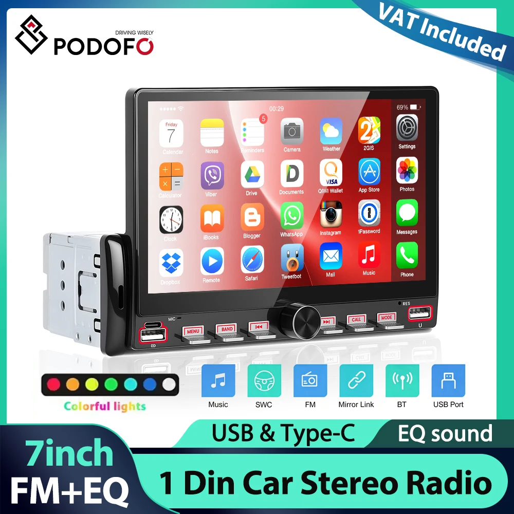 Podofo 7'' 1Din Radio Samochodowe z Mirror Linkiem, Odtwarzacz Multimedialny USB Bluetooth FM, Kolorowe Podświetlenie, EQ, Sterowanie Kierownicą, Odtwarzacz MP5