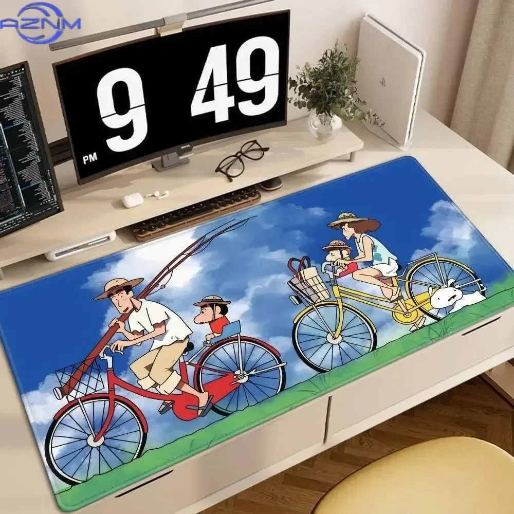 Blue Sky Cute Cartoon Family Cycling Themed Large Mousepad, Rubber Non-slip Gaming Desk Mat, Waterproof Keyboard Table Protector