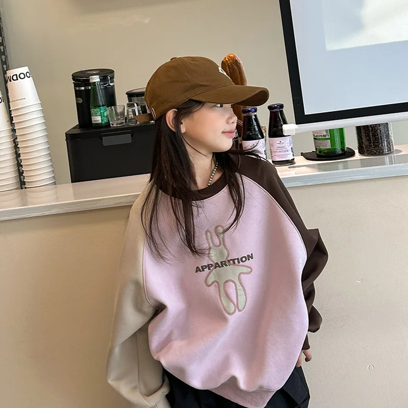

Spring Autumn Girls Cotton Loose Contrast Cartoon Basic Sweatshirt School Kids Track Pullover Tops Child Workout Jumper 5-16Yrs