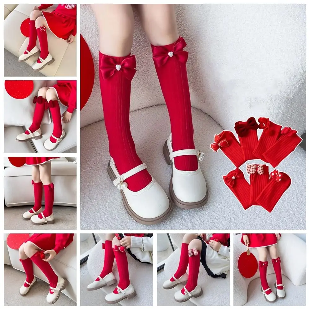 Comfortable Middle Tube New Year Red Socks Thicken Sweet Bow Hosiery for Kids Cotton Princess Sleeping Socks Home Socks