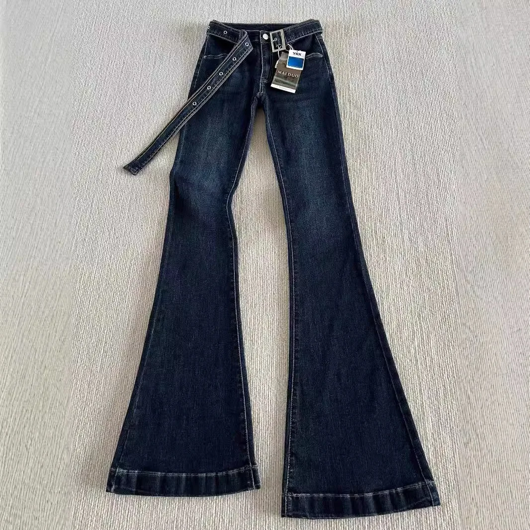 

Autumn Winter Vintage Style Low Rise Flared Jeans for Women with Belt Slim Fit Stretchy Floor Length Pants Tall Slimming Look