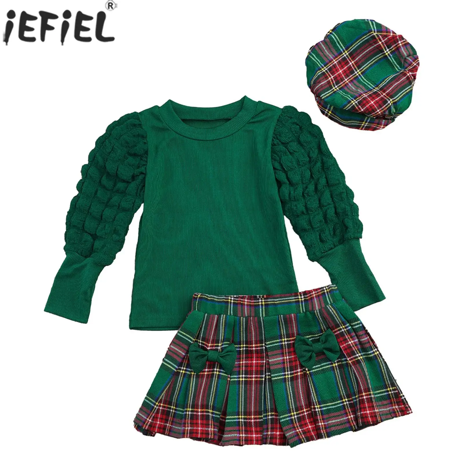 

Модный повседневный костюм для маленьких девочек, праздничный наряд для рождественской вечеринки, дня рождения, вязаный топ в рубчик с длинными рукавами и клетчатой юбкой с бантом, комплект