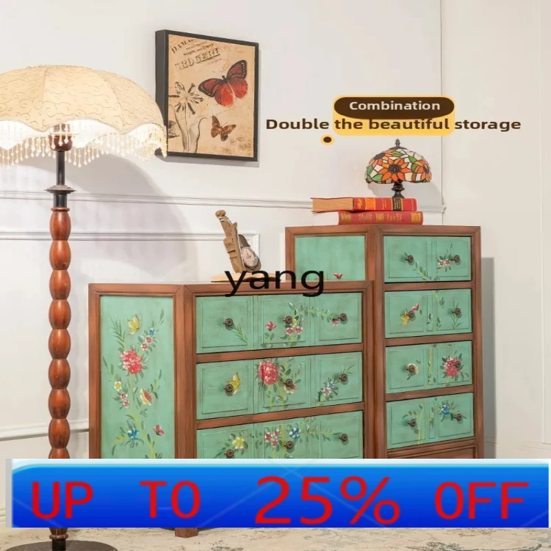 LH living room painted three-bucket cabinet American retro green solid wood cabinet
