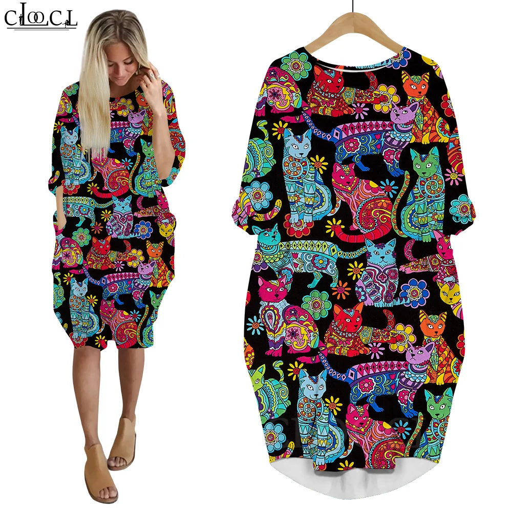 

CLOOCL Women's Dress O Neck Pocket Mini Dress Loose Short Dresses Colorful Vintage Cats Print Casual Kawaii Long Sleeves Dress