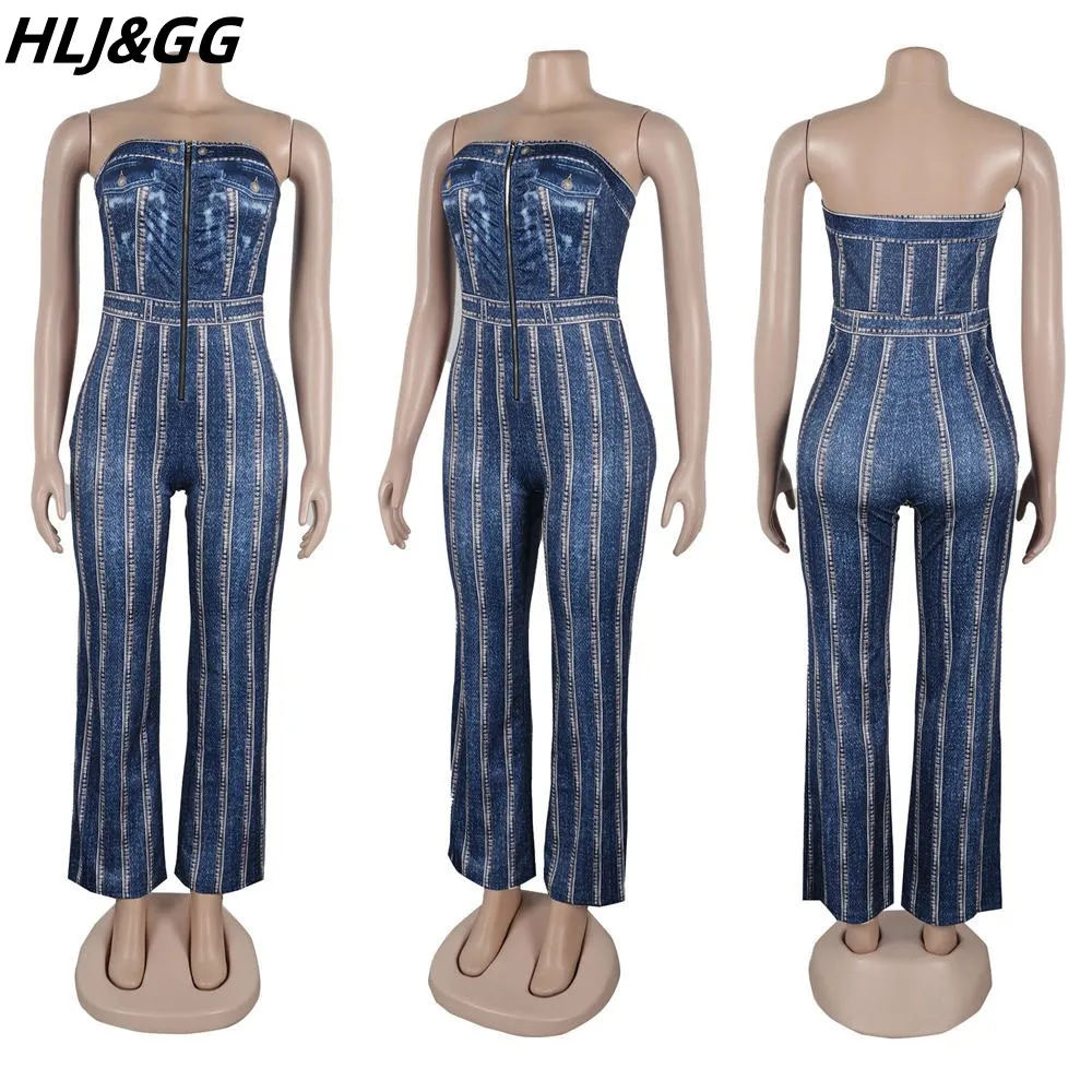 Hlj & Gg Blauwe Elegante Dames Print Wijde Pijpen Broek Één Stuk Jumpsuits Vrouwen Off Shoulder Mouwloze Rugloze Rechte Playsuits