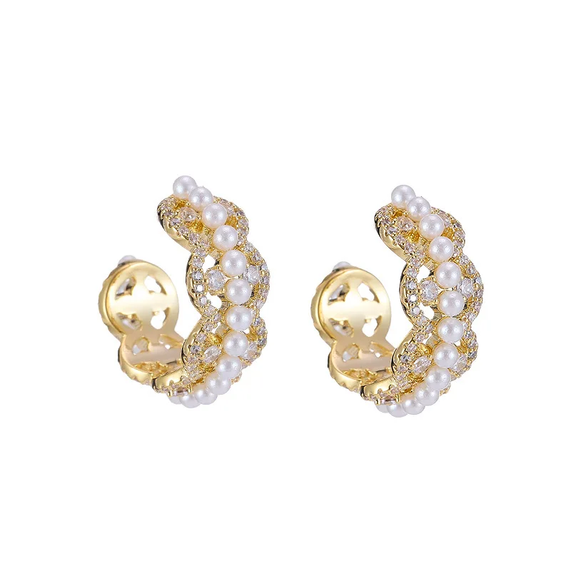 Luxury Geometric Diamond Cubic Zirconia Pearl Stud Earrings S925 Silver Needle Elegant Jewelry Accessory LYX649
