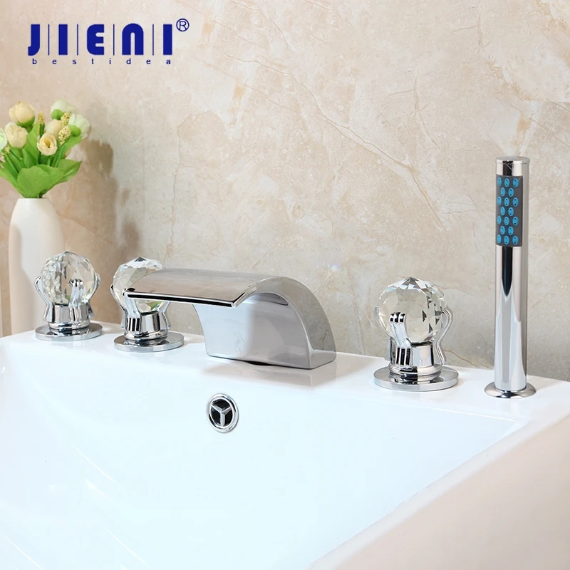 

JIENI Chrome Solid Brass 5 Pcs Set Waterfall Spout Deck Mounted Diamond Handles Hand Sprayer Bathroom Bathtub Faucet Shower set