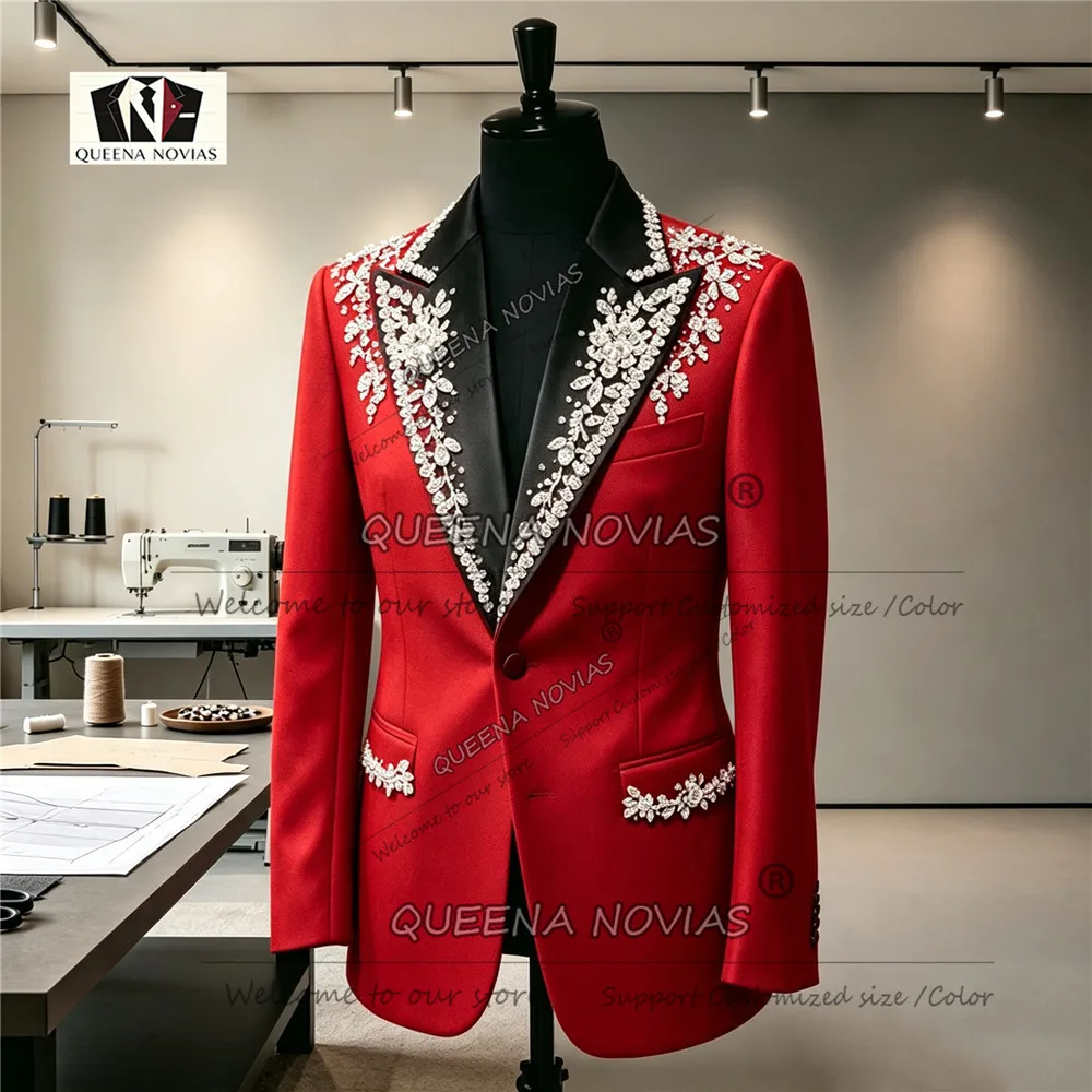 Luxury Diamond Beaded Suits Men Slim Fit Stitched Beadwork Rhinestone Jacket Pants 2 Piece Sets Groom Weddng Tuxedo Customized
