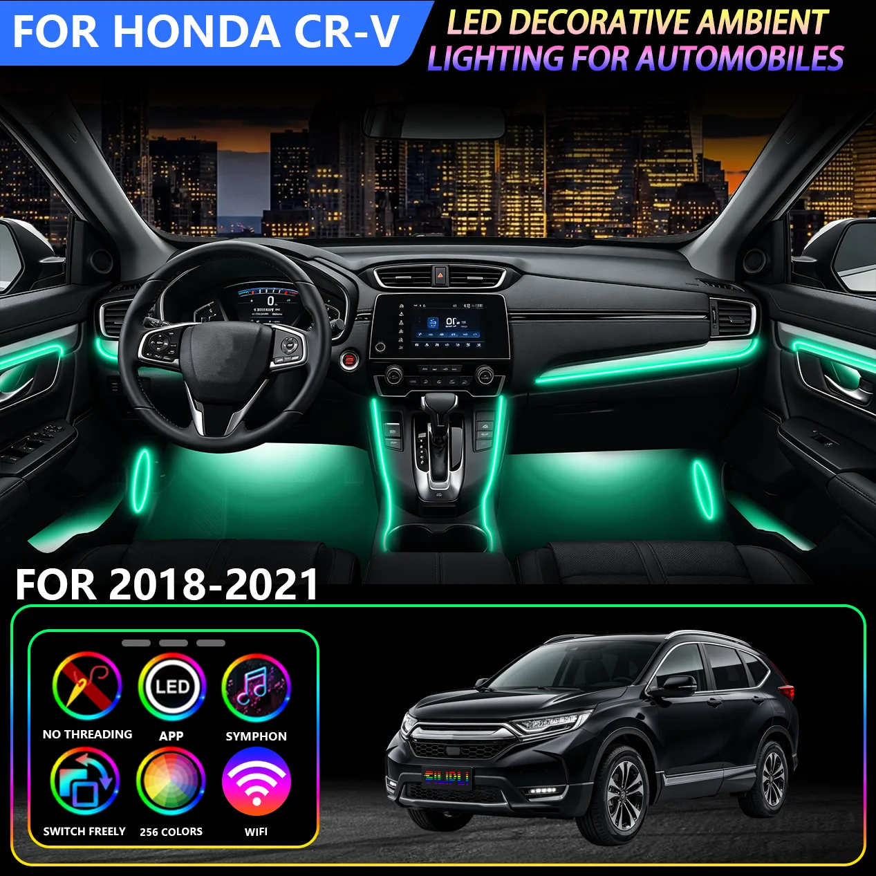 18 in 1 Car Interior Ambient Lighting For For Honda CR-V 2018-2021, RGB 64-Color Dynamic Gradient LED Atmosphere Light Plug and Play, Compatible Systems: Android + iOS