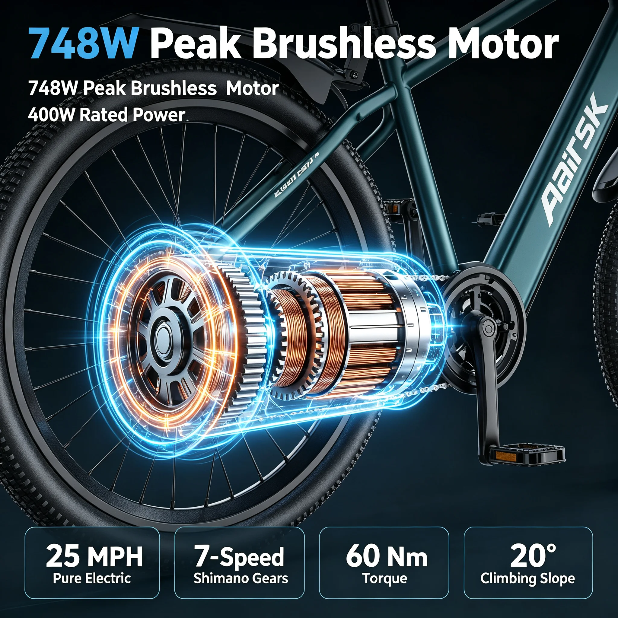 GT300‑24 Blue 24 Inch Adult Electric Bike 48V 23Ah Removable Lithium‑ion Battery Hydraulic Disc Brake Front Shock Absorber Smart LCD Display 3 Riding Modes City Commuter Mountain Ebike for Daily Travel Outdoor Recreation