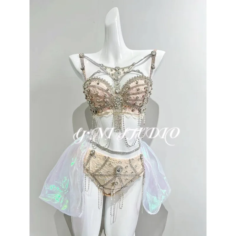 Customized Rave Outfit Electric Syllable Pink Skin Laser Lace Sparkling Diamond Nightclub DS Performance Dress Stage Wear