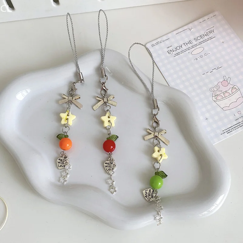 

Y2K Sweet Bowknot Fruit Star Beaded Phone Chain Aesthetic Phone Lanyard Girly Cute Ins Style Keychain Pendant For Girls Gift