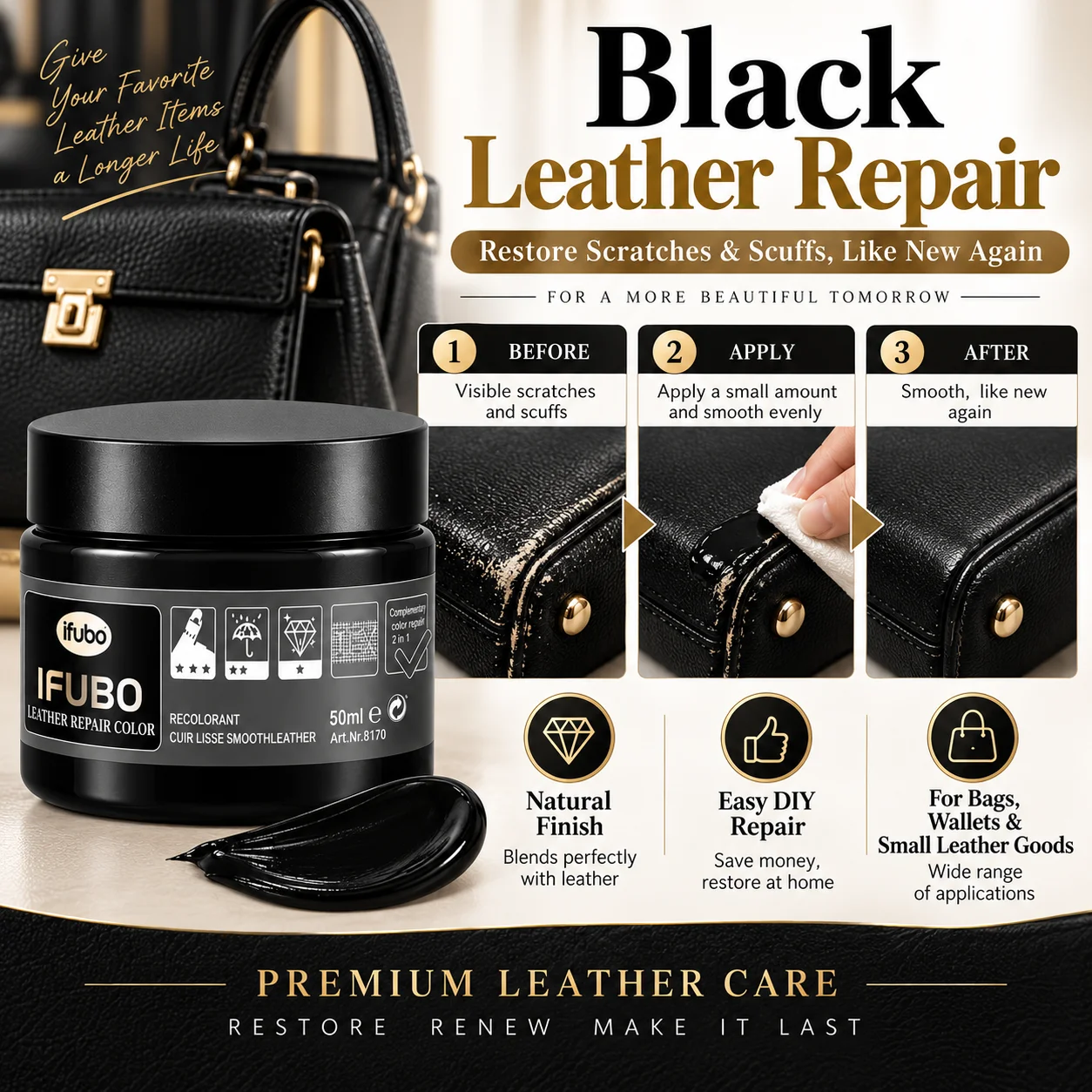 IFUBO Leather Repair Cream Car Seat Sofa Shoe Bag Color Restorer 50ml Dye Renovation Paste DIY Care