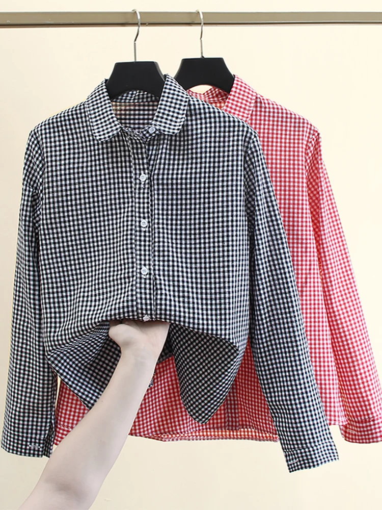 

Faionable Plaid Long Sve irt Women's Loose Fit Spring Autumn New Sle Versatile Slimming Student Inner Doll Collar Top