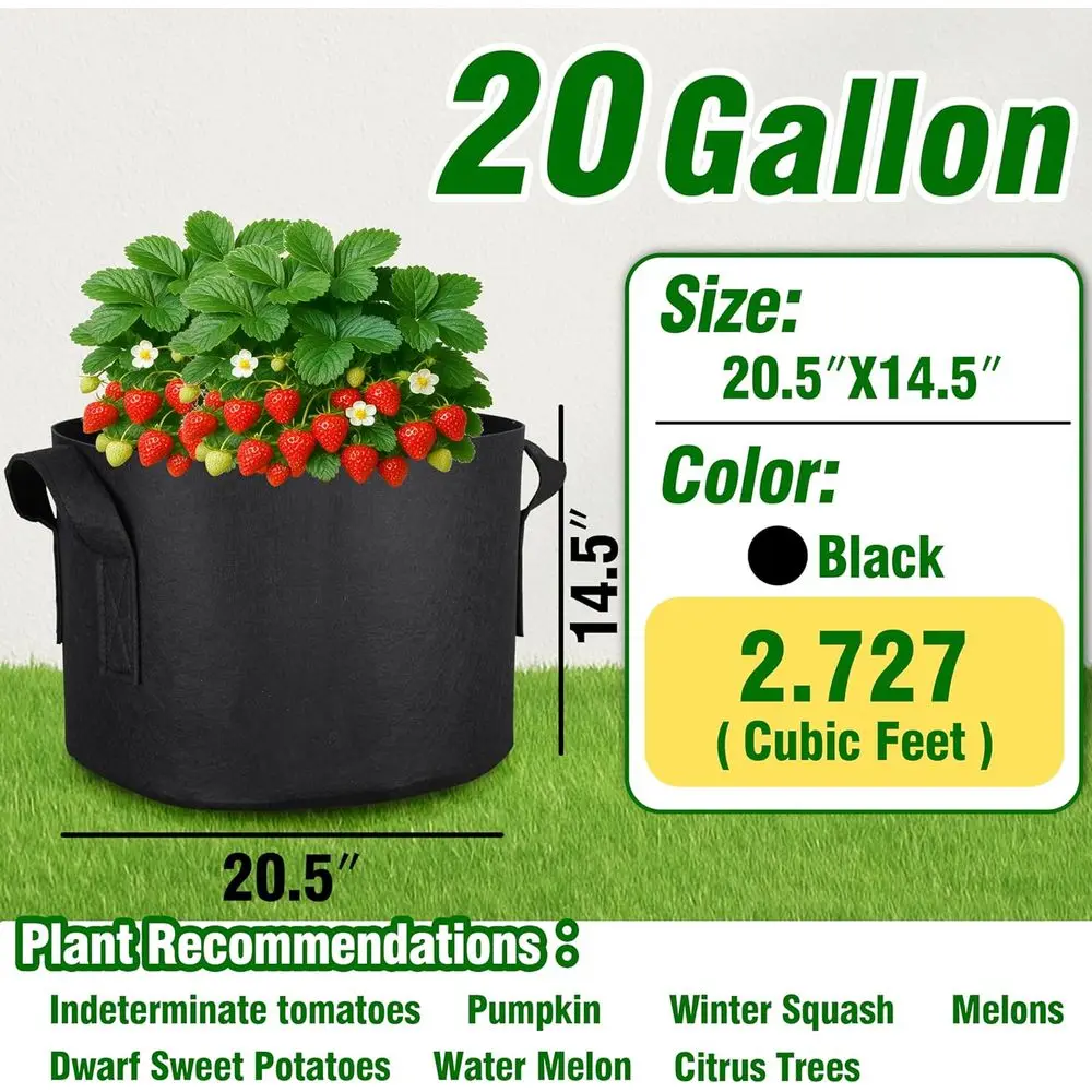 12-Pack 20 Gallon Grow Bags, Heavy Duty Fabric Pots with Handles, Reusable Plant Bags for Vegetables, Herbs & Flowers, BPA-Free,