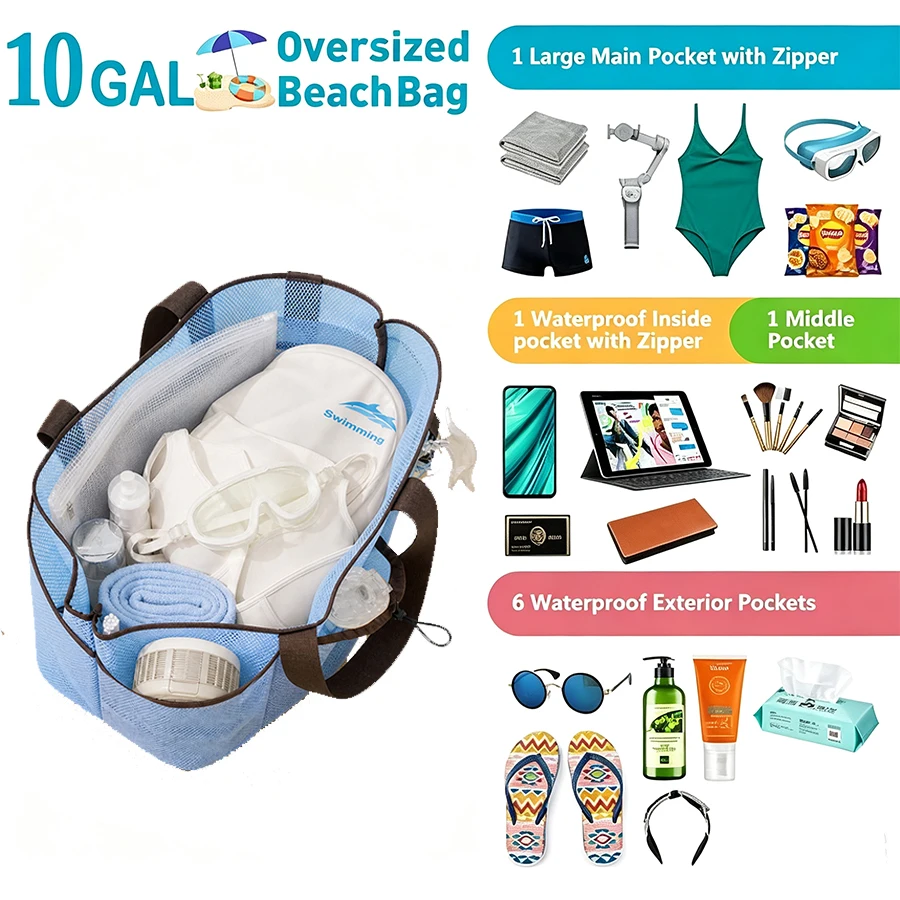 Mesh Beach Bag Large - Waterproof Zippered Tote, Extra Large Foldable Lightweight Swim Bag for Family Vacation & Pool
