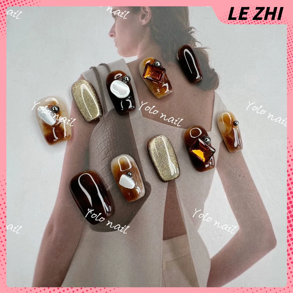 10Pcs Handmade Square High Quality Press On Nails Glitter Cat Eye Pearl Leopard Print Artificial Acrylic False Nail Festive Gift