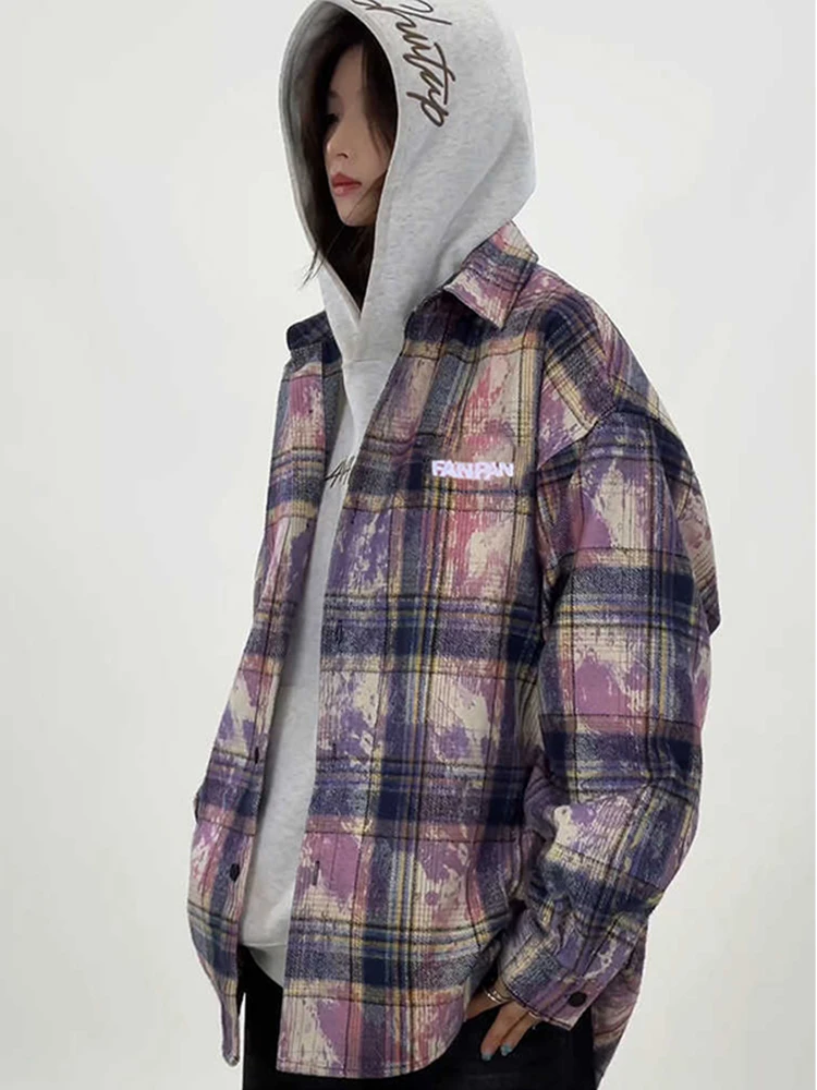 Blue Purple Dyed Plaid Long Sleeve Men's Shirt Cleanfit American Retro Outerwear Loose Fit Youthful Style Sun Protection Spri...