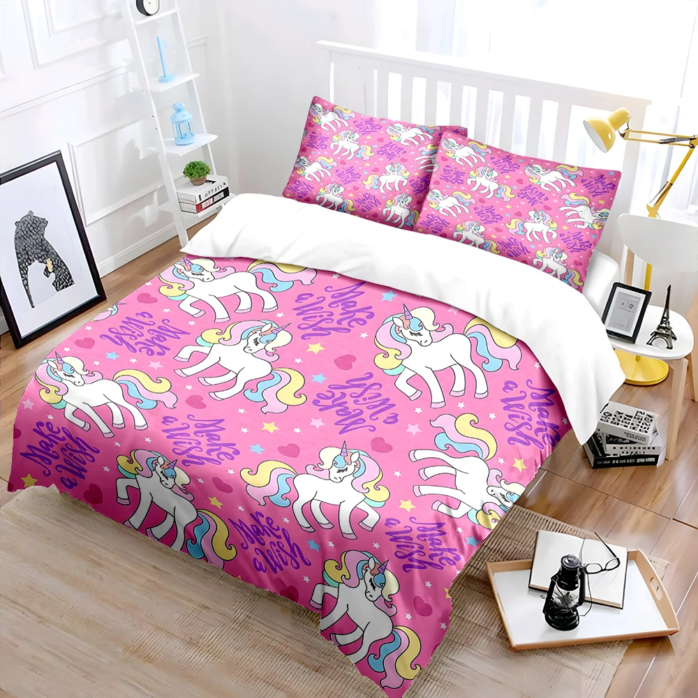 3pcs Colorful unicorns Pink background Bedding Set 1 Duvet Cover 2 Pillowcases for Adult and Children Luxury Gift Full Size