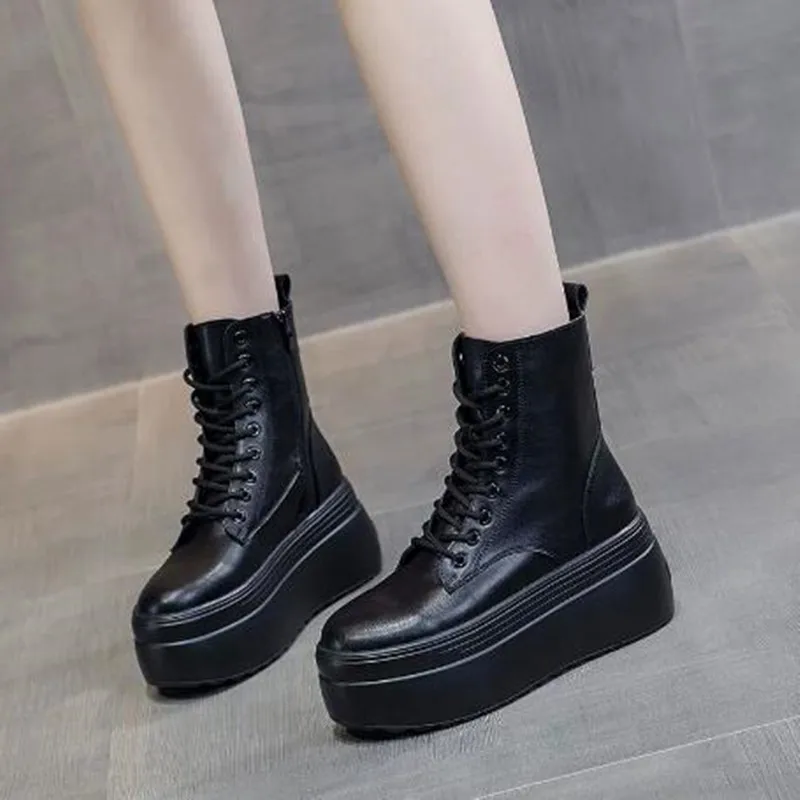 

NEW 2026 Genuine Leather Ankle Boots Green Platform Boots for Women Thick Bottom Casual Womens Lace-up Combat Botas Chunky Shoes