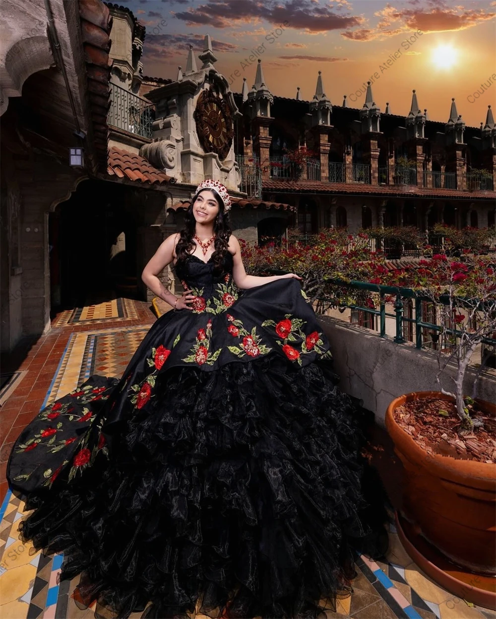 Black Sweetheart Quinceanera Dresses Mexico Red Flower Embroidery With Bow Ball Gown vestidos de 15 años quinceañeras 2024