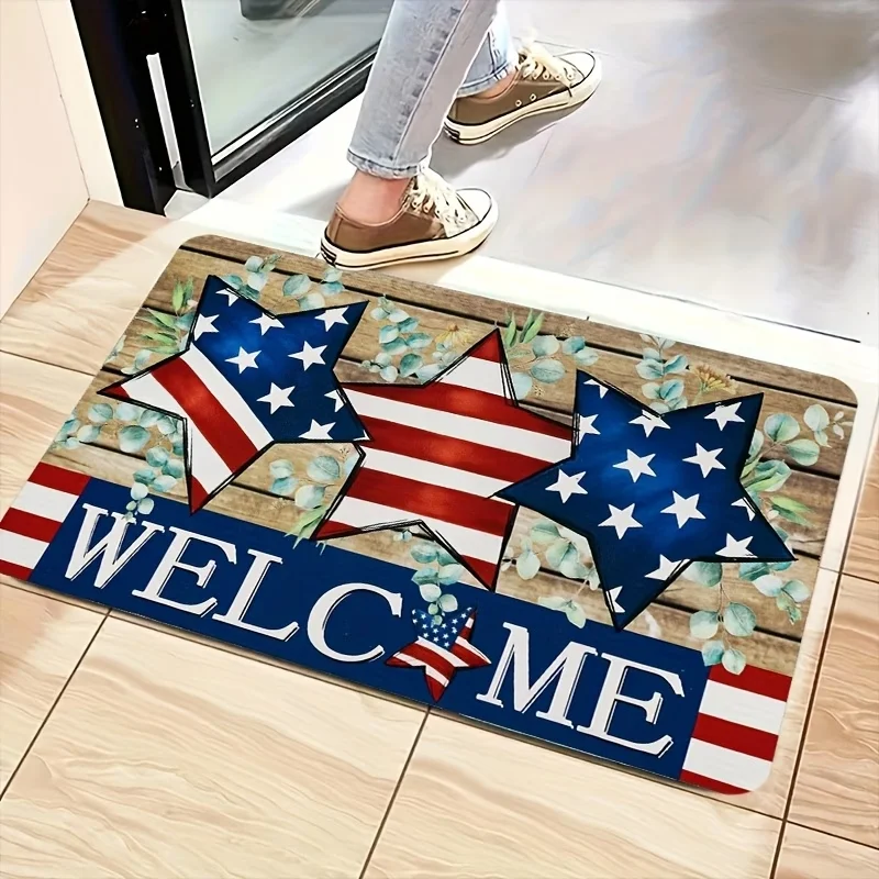 Patriotic Star Welcome Print Doormat American Flag Eucalyptus Design Non Slip Floor Mat for Home Decor