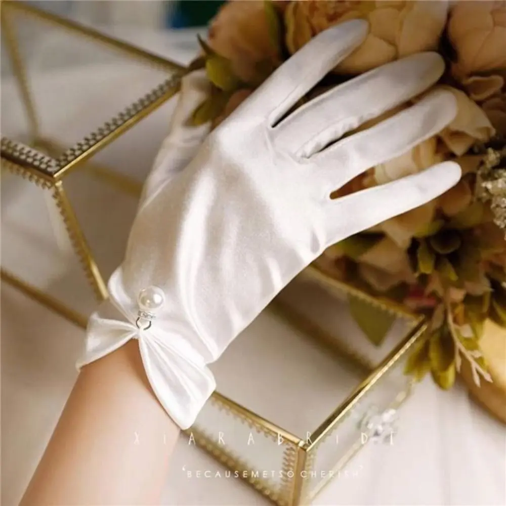 1 Pair Marie Cat Cos White Satin Gloves Wedding Mesh Elegant Bow Knot Gloves Thin Short Glove Lace Gloves Women Cosplay