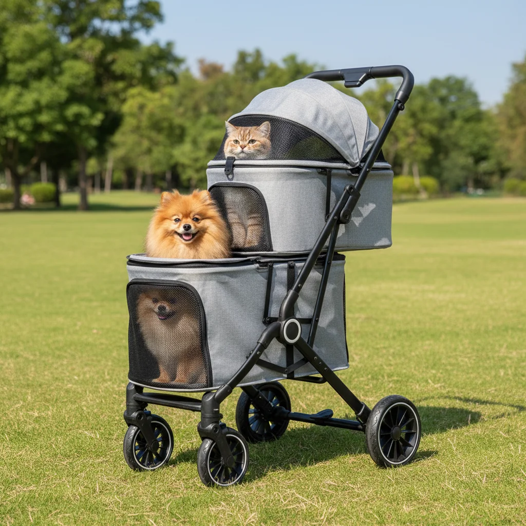 Double Lying Foldable Washable Adjustable Lightweight Portable Pet Cart with Breathable Window for Cats and Dogs Travel