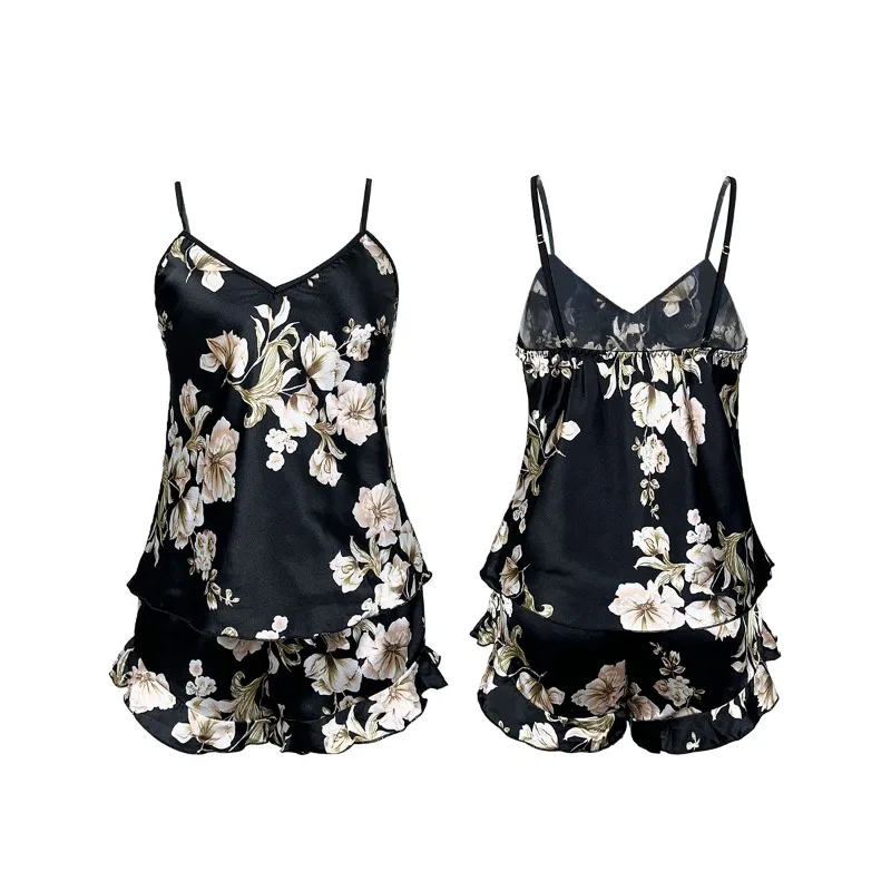 Krismile Summer Womens Pajama Sets 2025 Sexy Print V Neck Backless Top Ruffles Shorts 2 Piece Set Casual Leisurewear 546