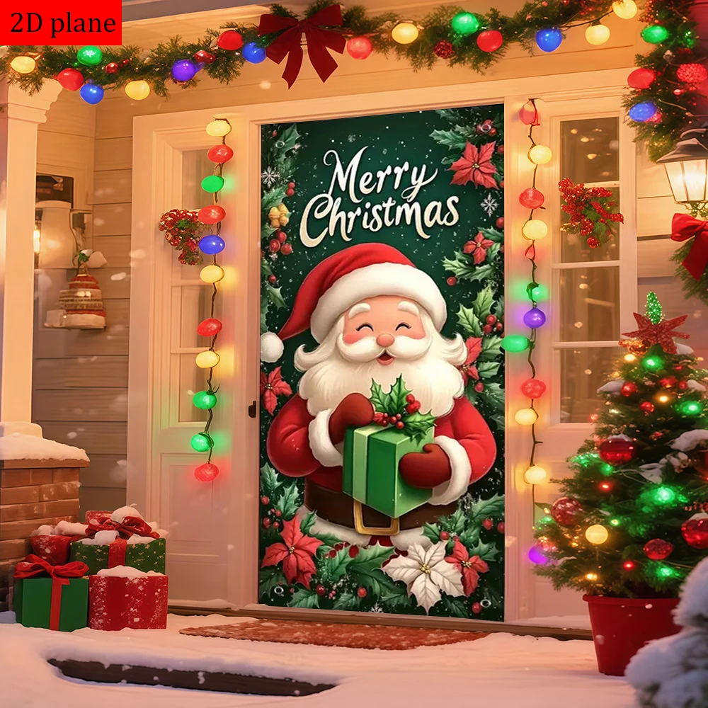Christmas Door Cover, Christmas Door Decoration, Gift with Santa Claus Pattern, Durable and Washable, Suitable for Parties