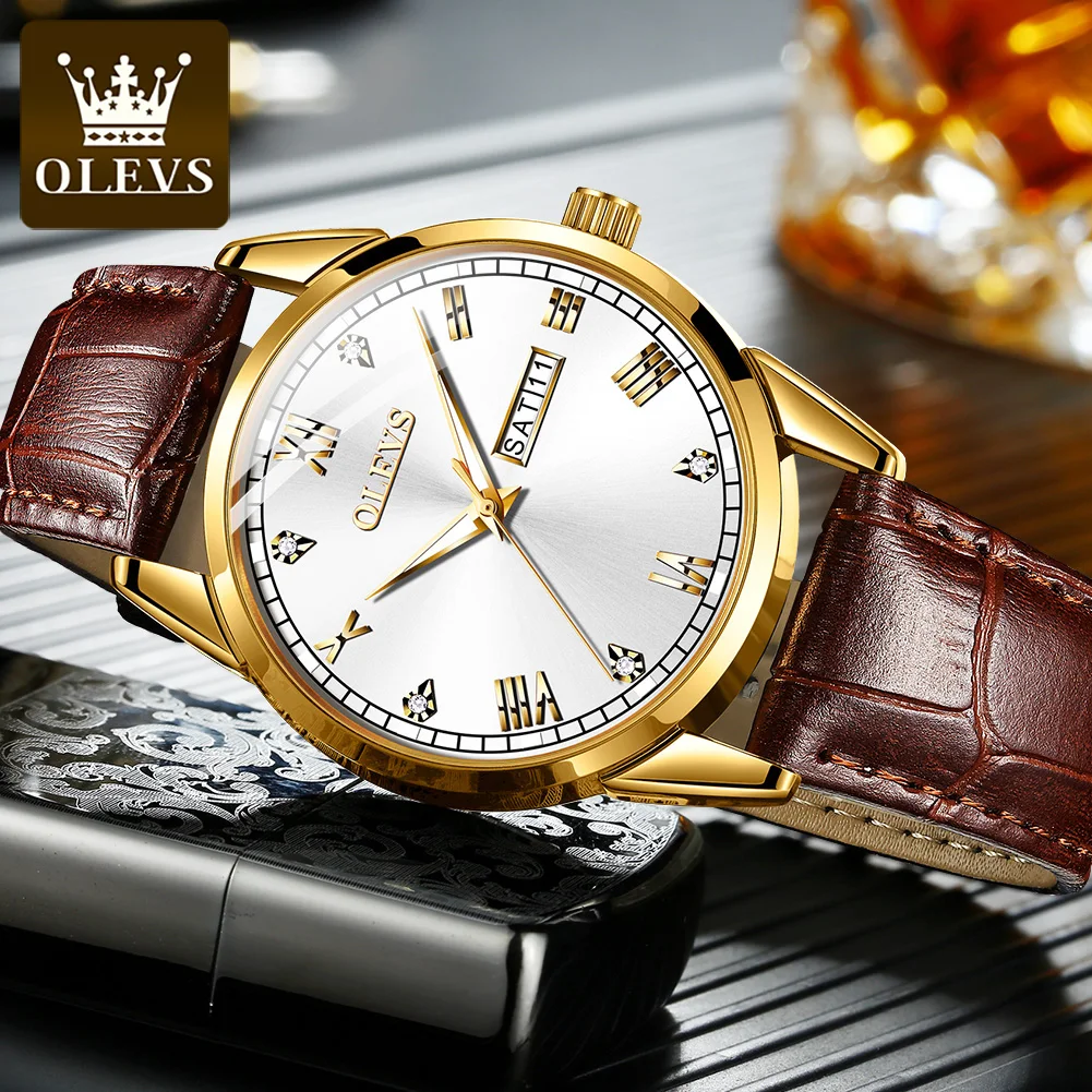 OLEVS 6896 Business Men Quartz Movement Watch Diamond Roman Index Leather Strap HD Luminous Function Waterproof Calendar Watch