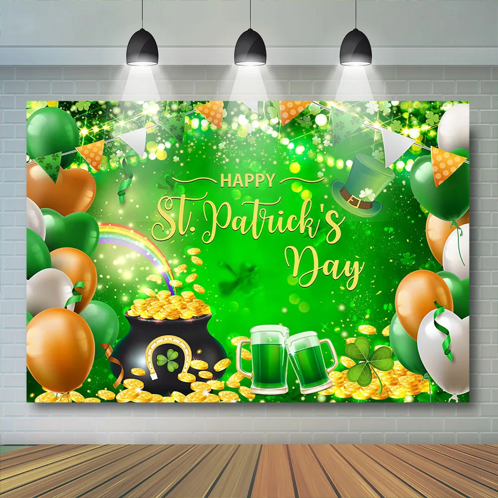 Mocsicka St Patrick's Day Backdrop Party Banner Gold Shiny Balloon Green Clover Lucky Baby Birthday Decor Photocall Background