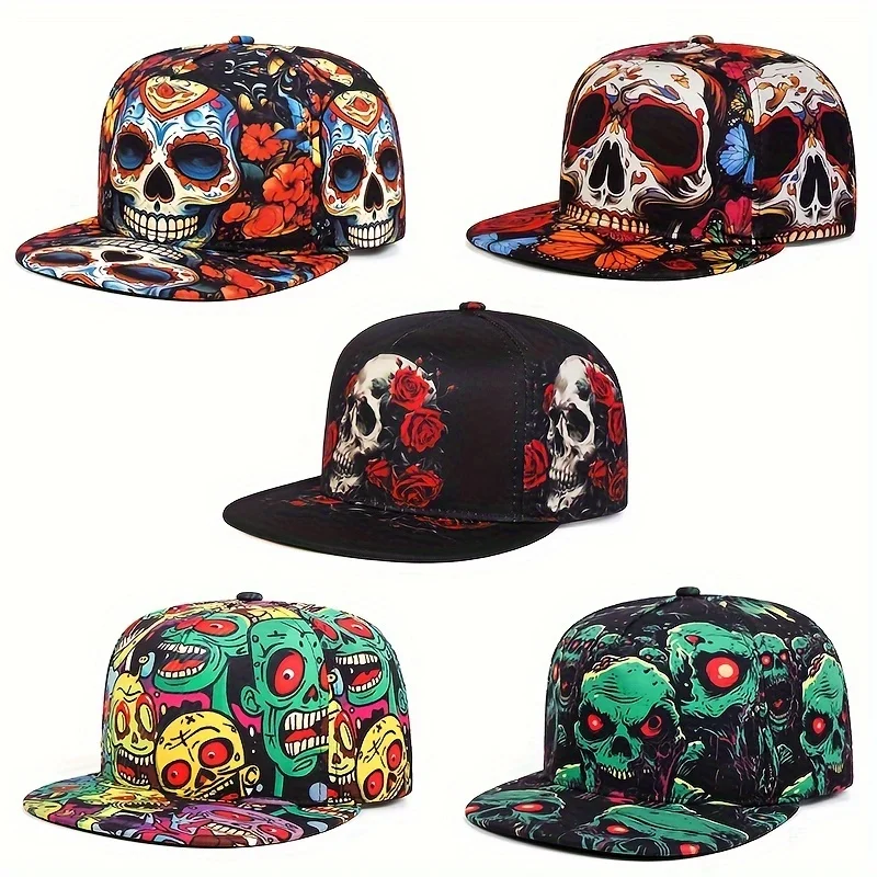 Custom Men Printed Rose Skull Neutral Wind Snapback Cap Women Fashionable Sun Visor Cap Hip-Hop Flat Brim Hat