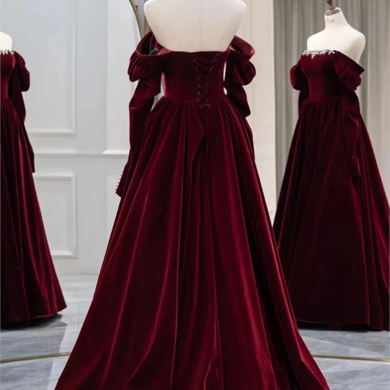 Wine red toasting dress new velvet long sleeve banquet