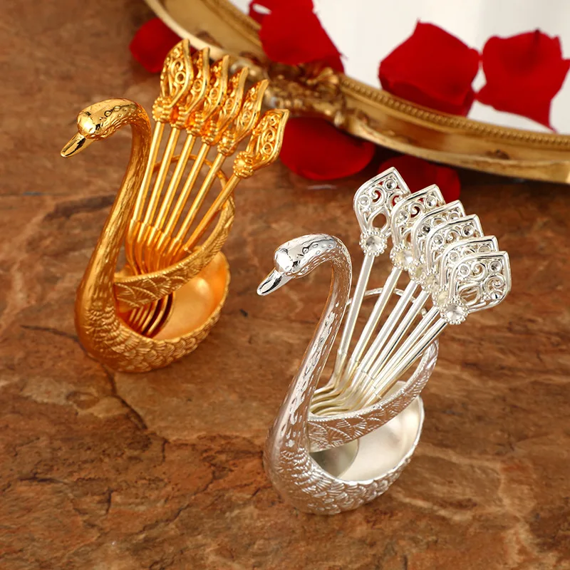 Coffee Spoon Set Metal Swan Base Holder Dessert Spoon Organizer with 6pcs Spoons Teaspoon Dessert Flatware Set for Coffee/Fruit