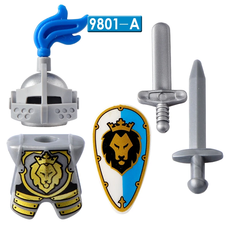 Medieval Knight Blue Lion Knight Accessories Shield Spear Armor Building Block bricks Mini Action Figure Toy AX9801