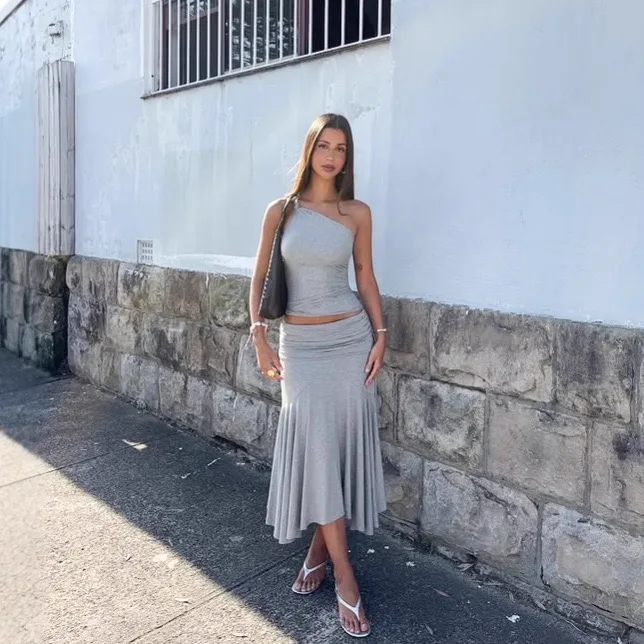 

Spring 2026 Women's Fashion Sexy Shoulder Bared Back Pure Color Slim Fit Skirt Set Two Piece Suit Polyester Fabric All Seasons